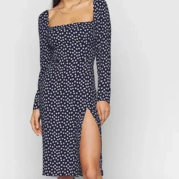 Reformation Navy Polka Dot Long Sleeve Dress - Picture 1 of 6